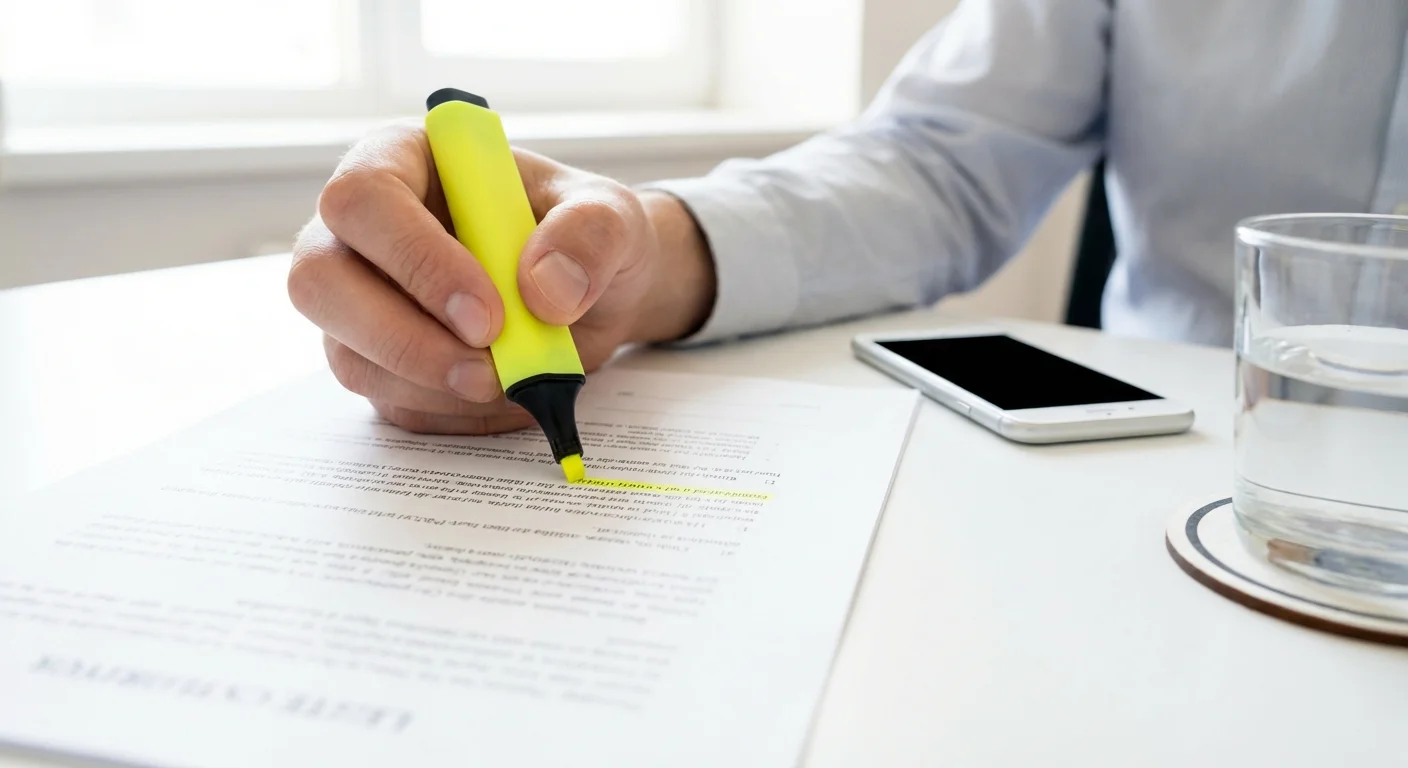 Close-up of a person carefully highlighting details on a professional document.
