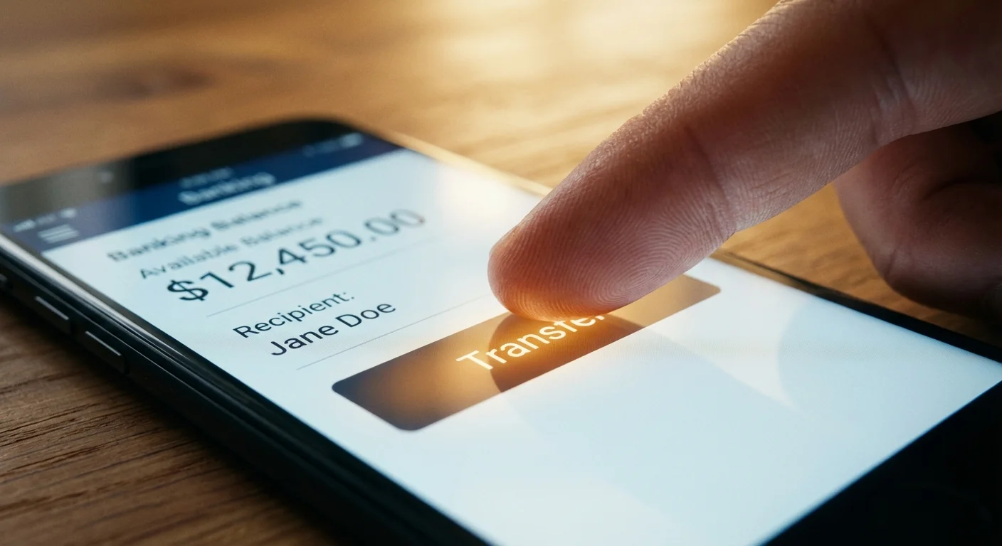Close-up of a person using a banking app to move money into savings.
