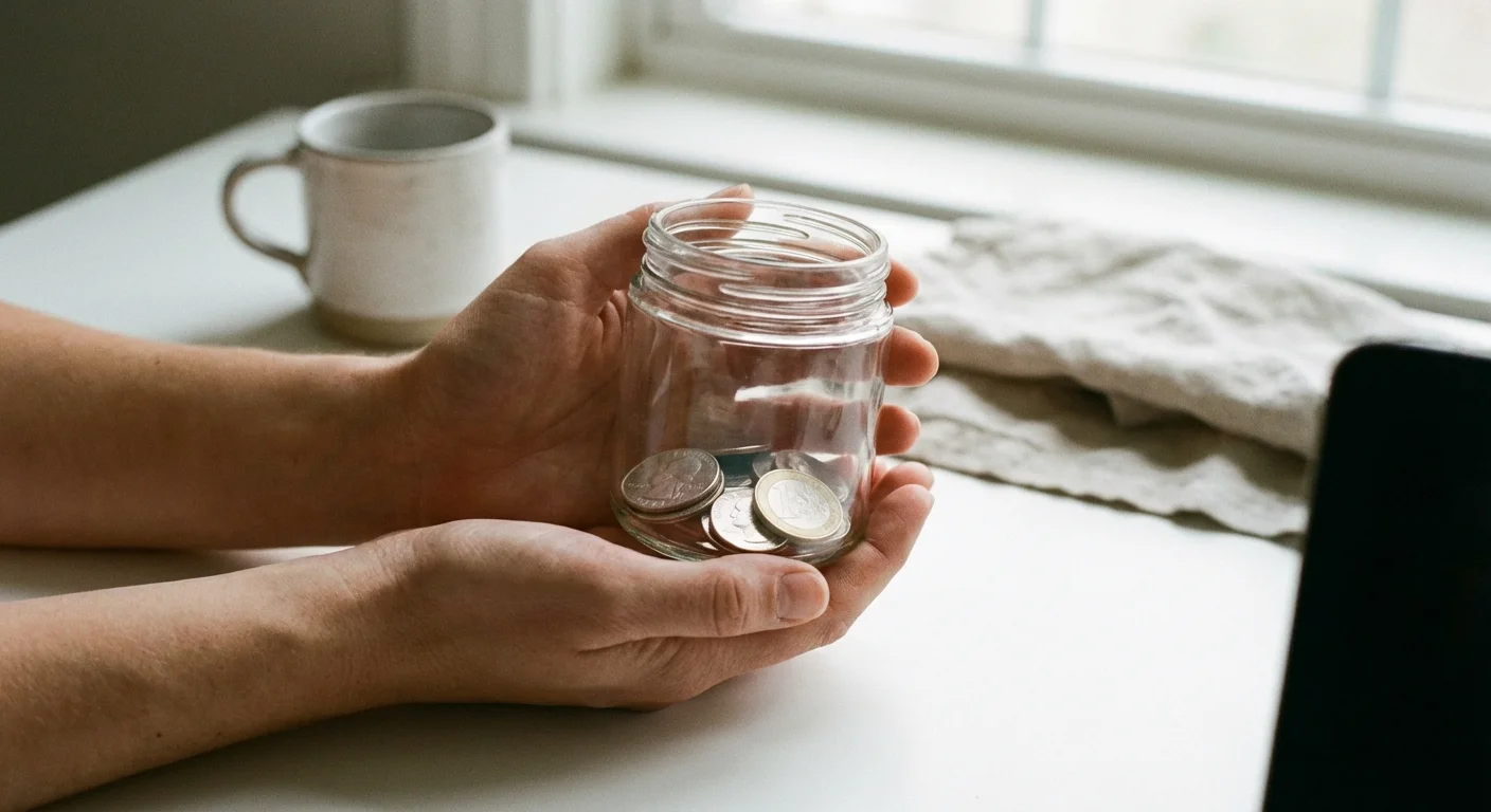 Close-up of hands holding a clear jar with coins, symbolizing fee transparency.
