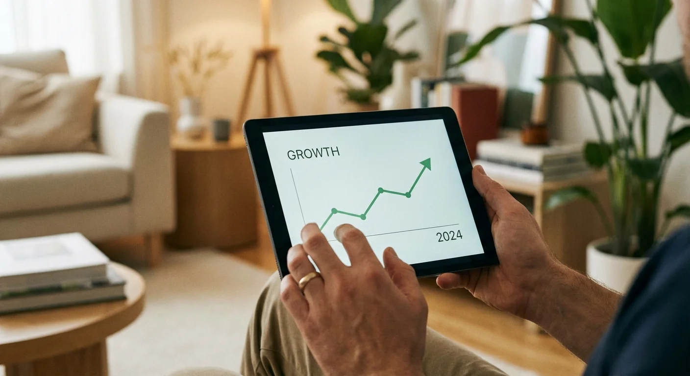 Close-up of hands holding a tablet displaying a positive financial chart in a cozy room.