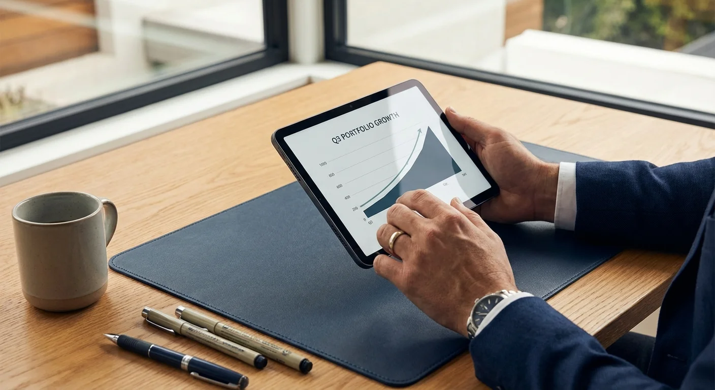 Close-up of hands holding a tablet with a financial chart in a bright office.