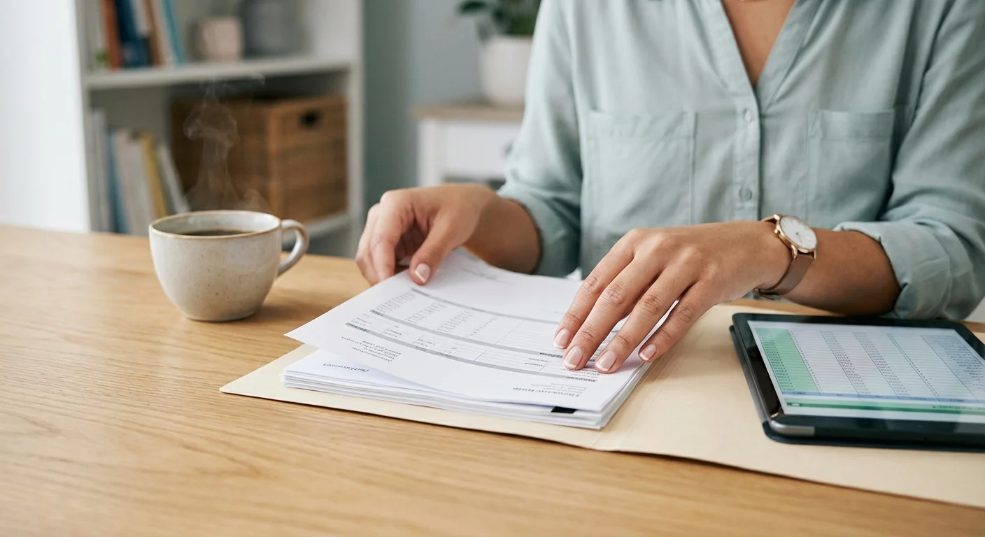 Close-up of hands organizing documents on a clean wooden desk with a coffee cup.