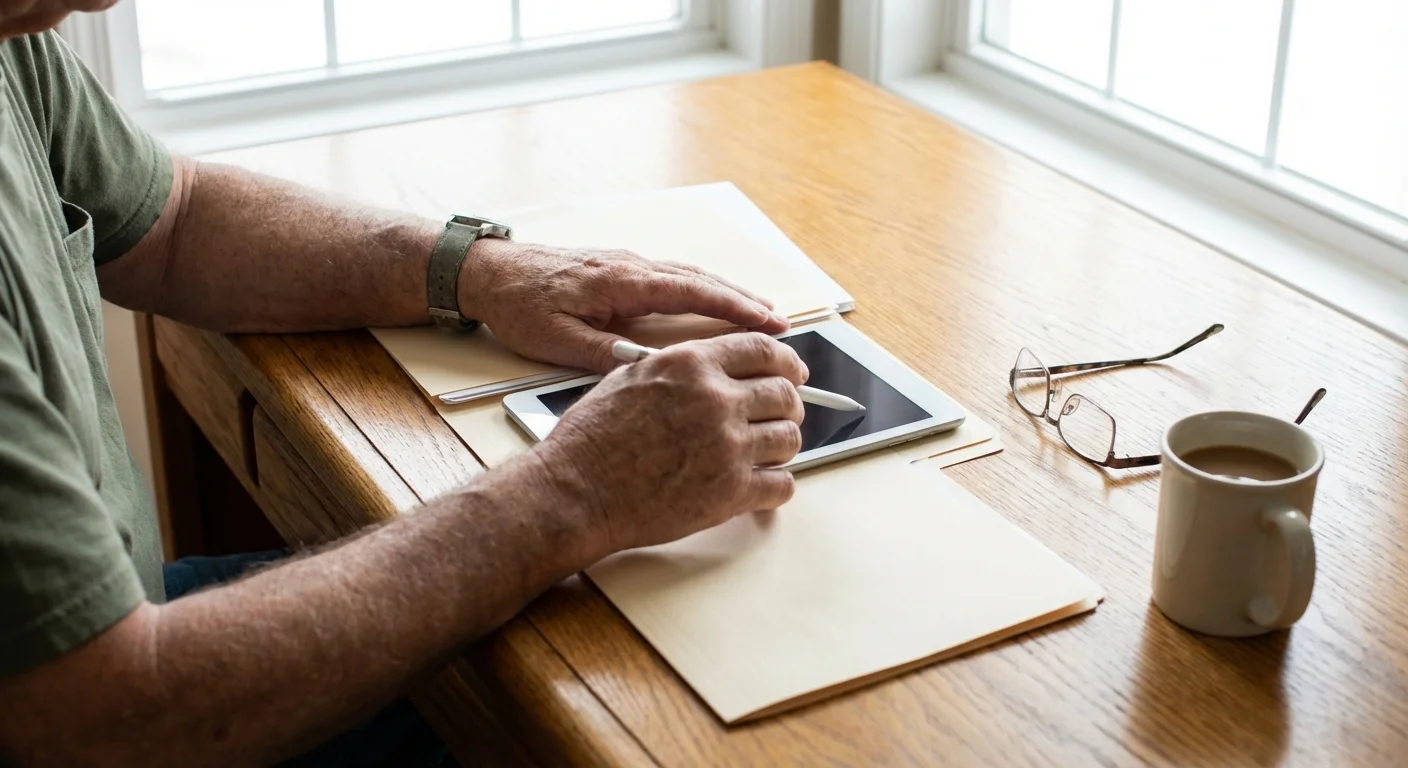 Close-up of hands organizing paperwork and digital devices on a clean desk.