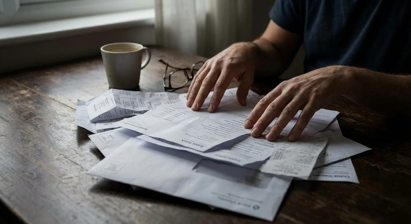 Close-up of hands sorting through a messy pile of bank statements.