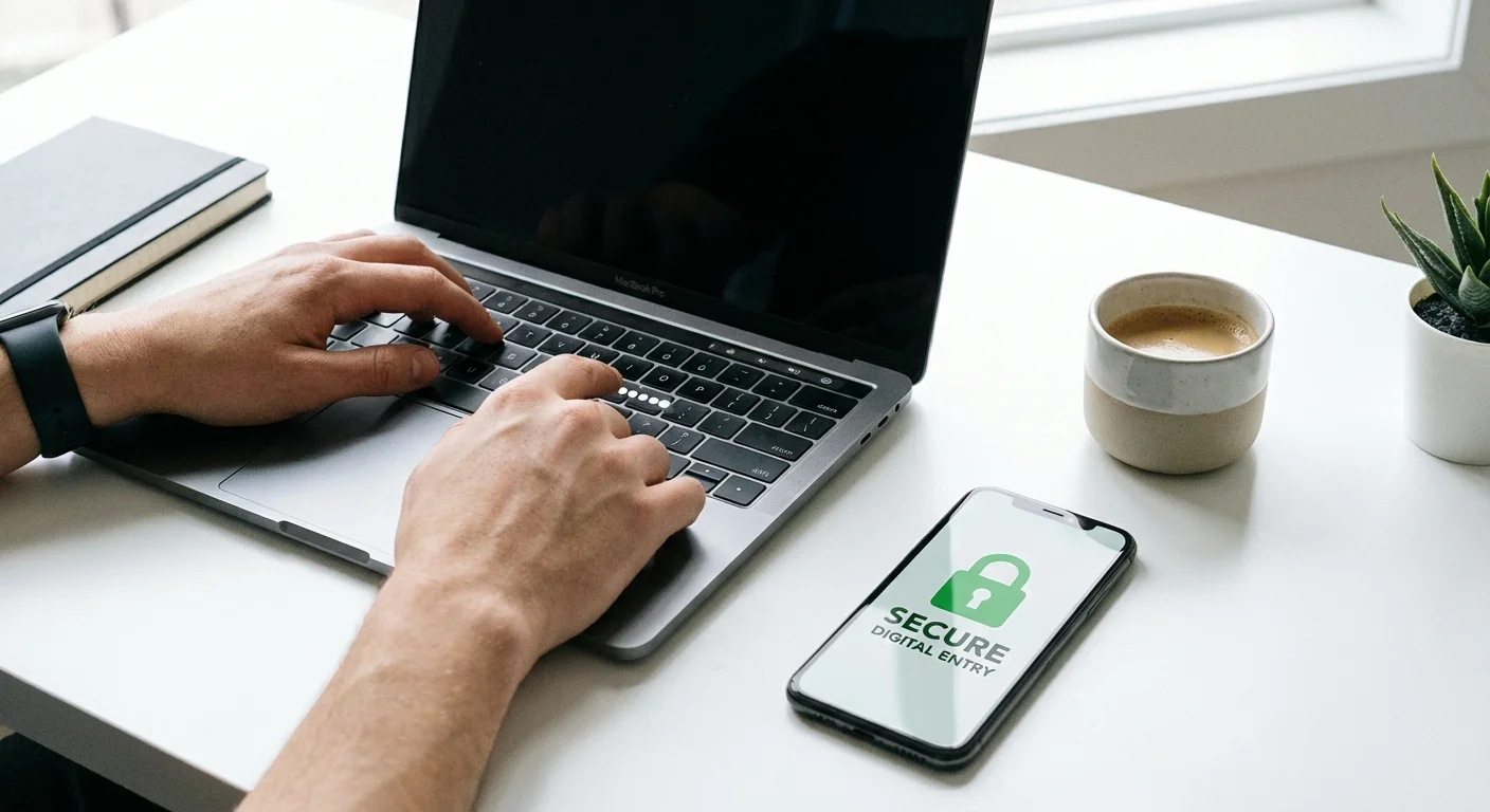 Close-up of hands typing on a laptop next to a smartphone with a security icon.