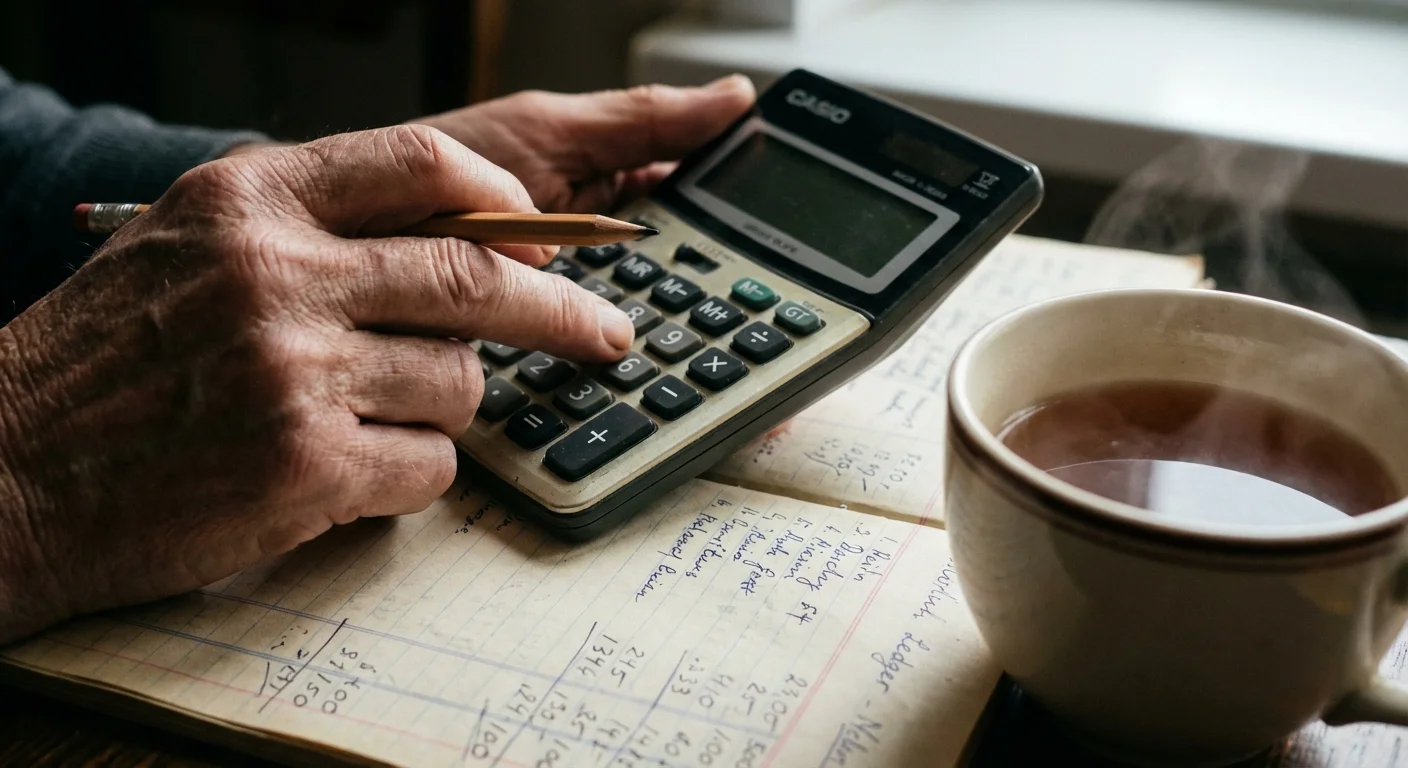 Close-up of hands using a calculator and ledger to track expenses.