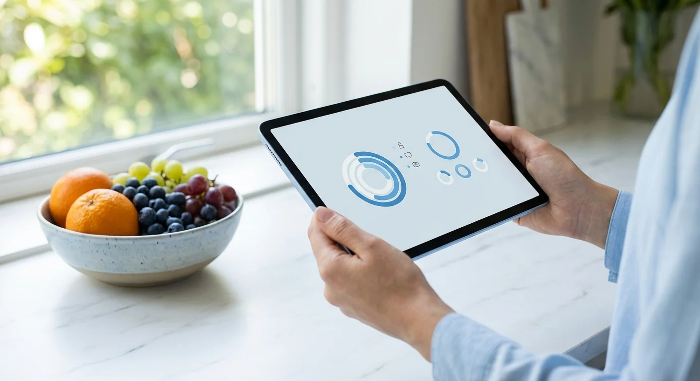 Close-up of hands using a tablet in a bright, modern kitchen.