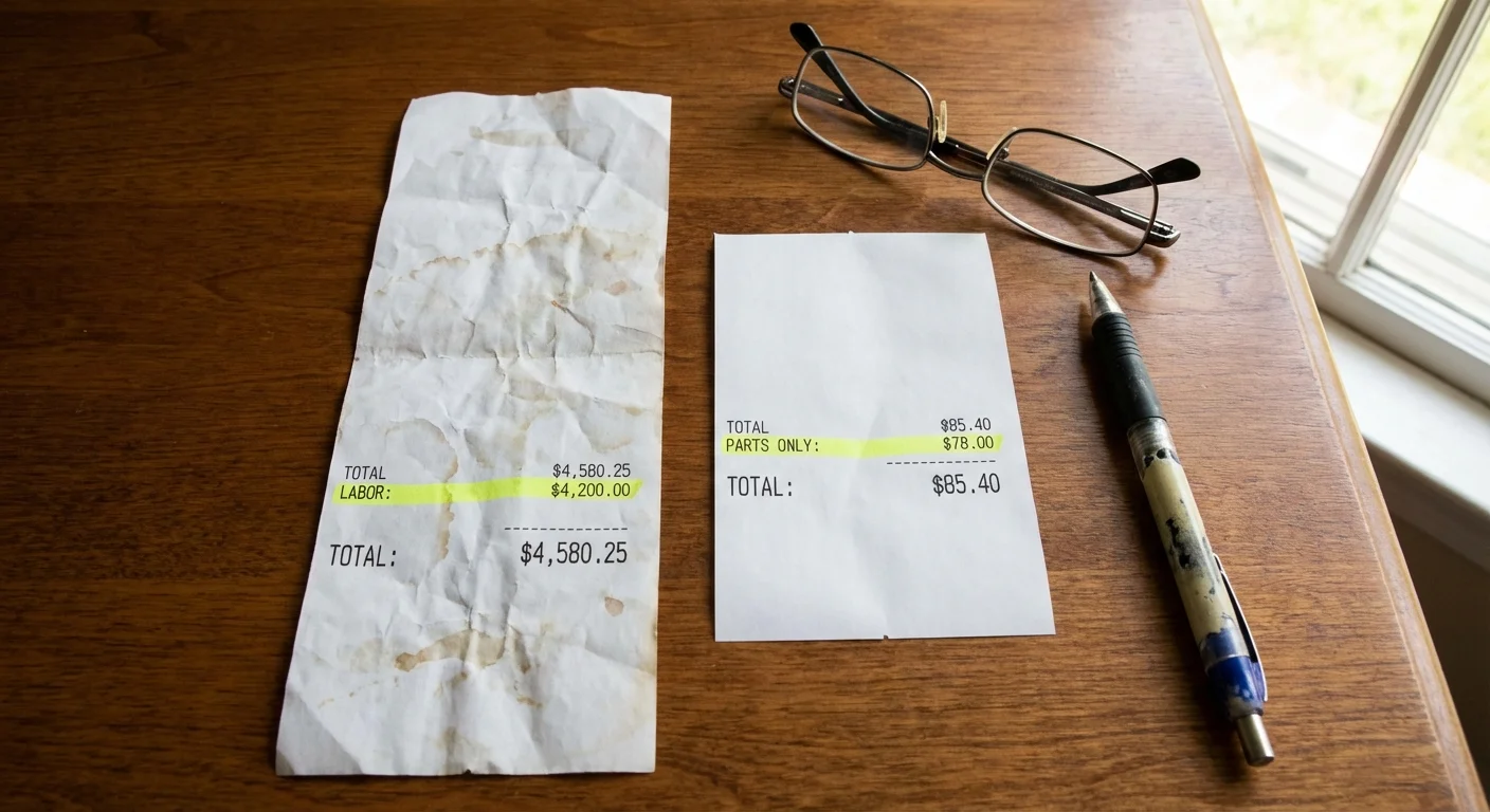 Two receipts compared on a wooden table showing the price difference between labor and parts.