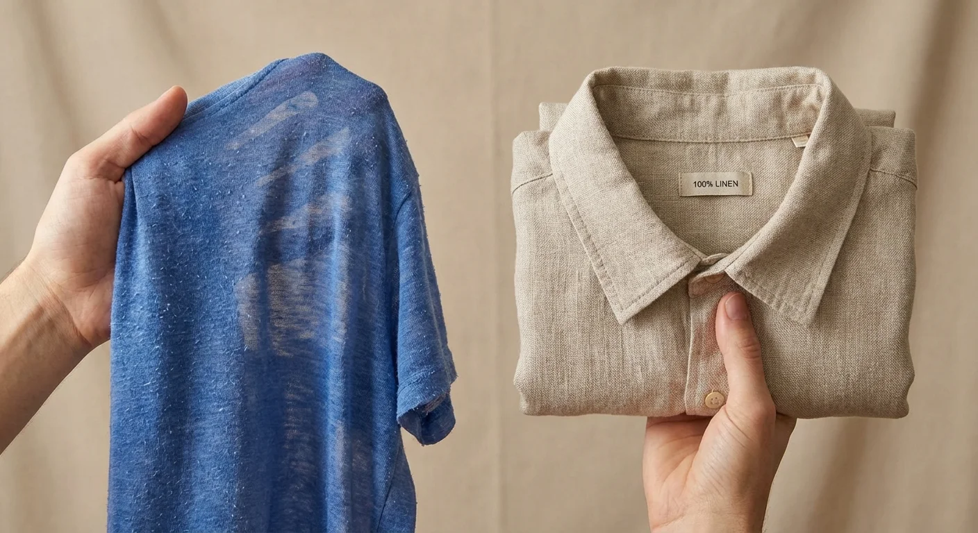 A comparison between a worn-out cheap shirt and a high-quality linen shirt.
