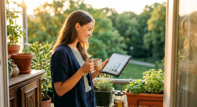 A young woman smiling while looking at a financial growth chart on a tablet outdoors.