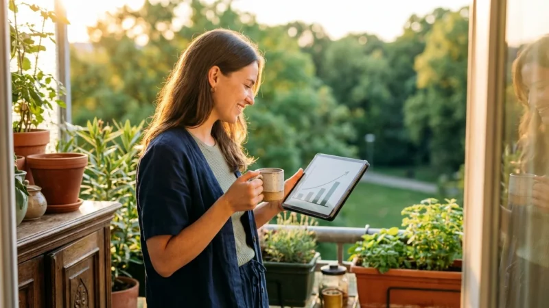 A young woman smiling while looking at a financial growth chart on a tablet outdoors.