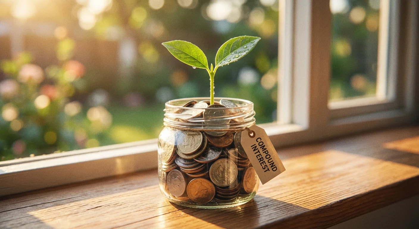 A small plant growing from a jar of coins on a sunny windowsill.