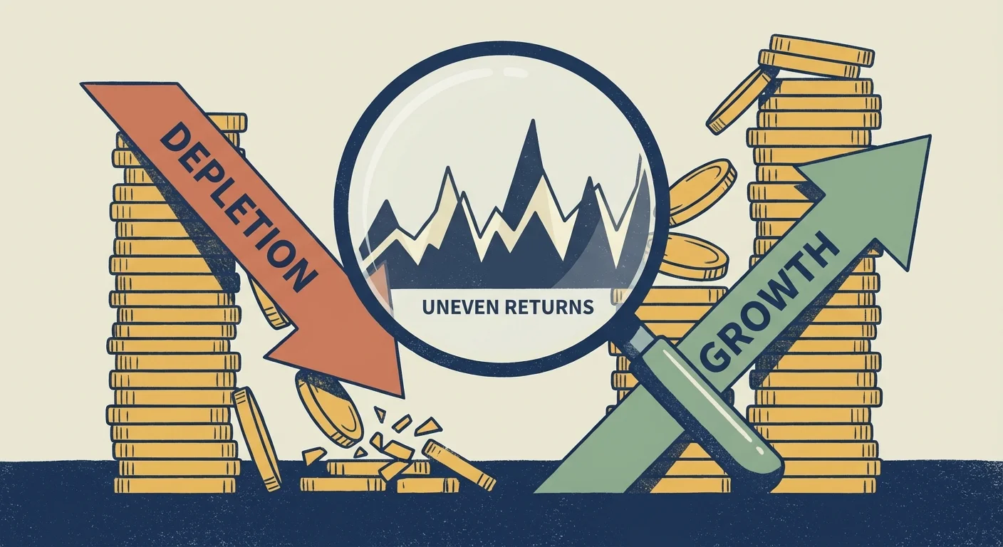 Conceptual art showing two coin stacks reacting differently to market arrows despite having the same average height.