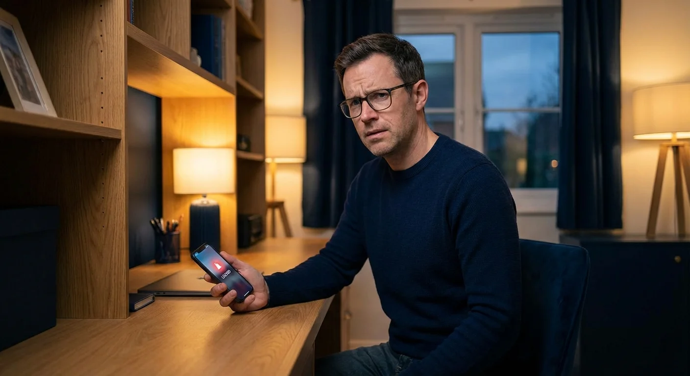 A man looking concerned at his phone in a home office setting.