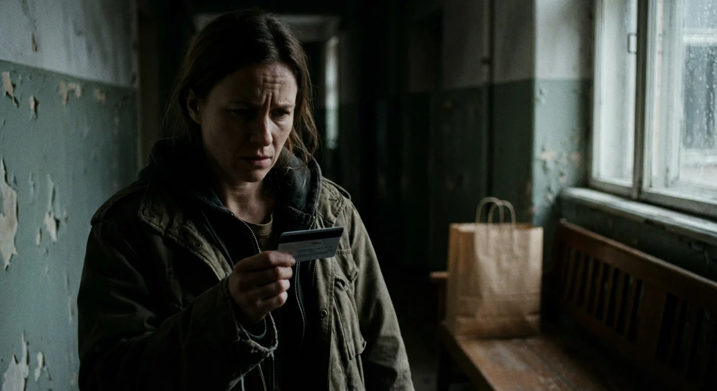 A person looking hesitantly at a credit card with a shopping bag in the background.