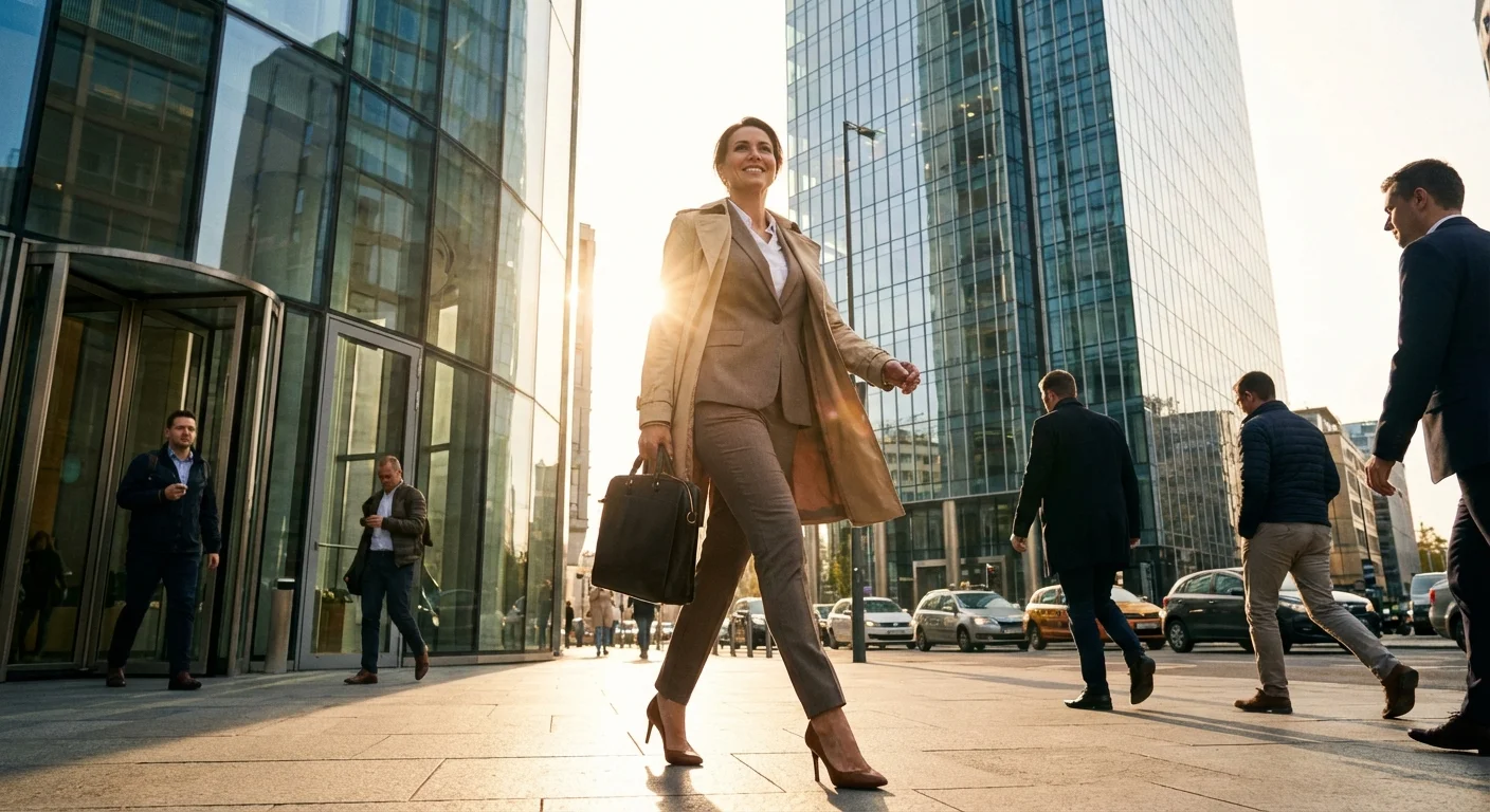 A woman walking confidently out of an office building, symbolizing financial autonomy and freedom.