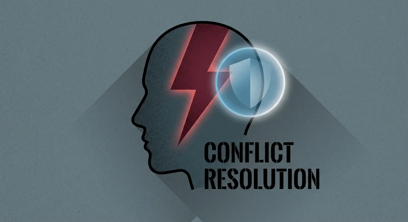 A silhouette of a head showing a conflict between a lightning bolt and a shield, representing panic vs. logic.