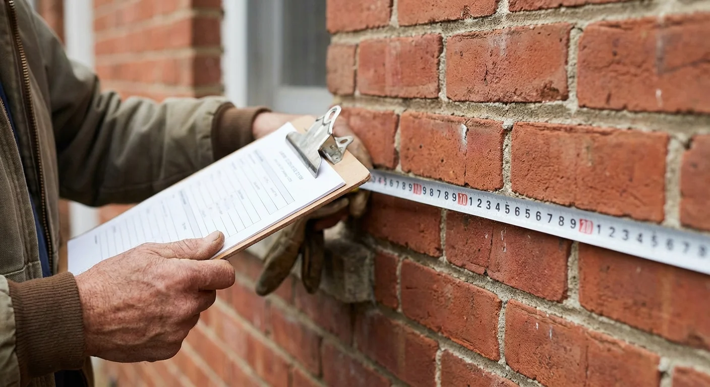 Close-up of a person inspecting a house with a clipboard and tape measure.