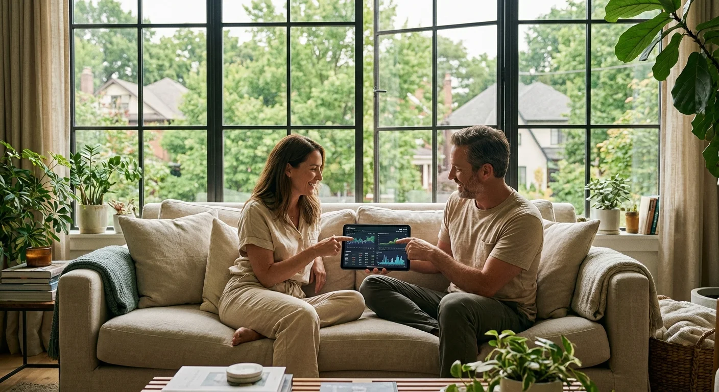 A couple reviewing financial data on a tablet in a sunny living room.