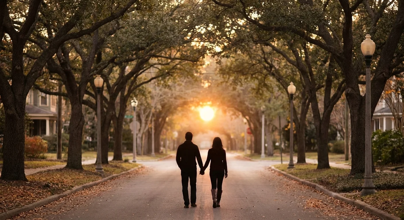 A couple walking down a sunlit, tree-lined street.