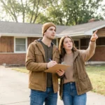 A man holding a clipboard and a woman pointing at a suburban house exterior.