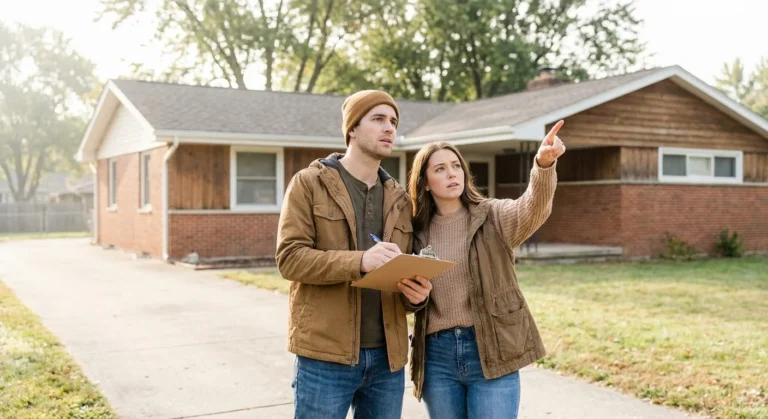 A man holding a clipboard and a woman pointing at a suburban house exterior.