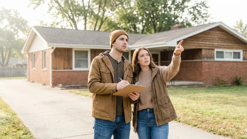 A man holding a clipboard and a woman pointing at a suburban house exterior.
