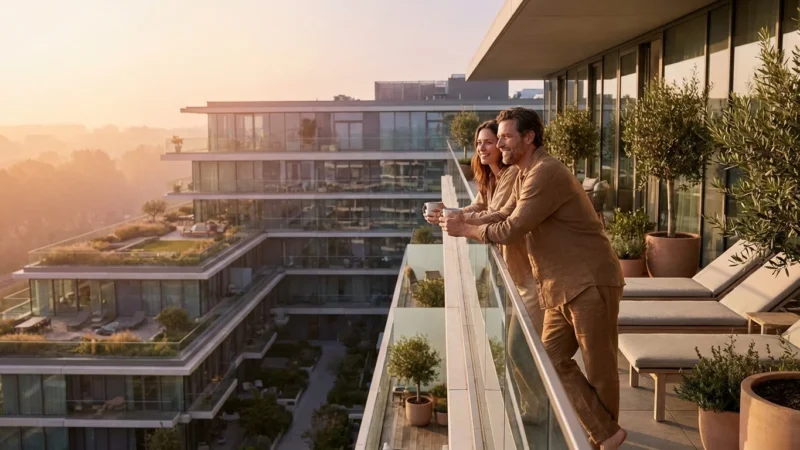 A smiling couple stands on a luxury apartment balcony holding mugs during a golden sunset.