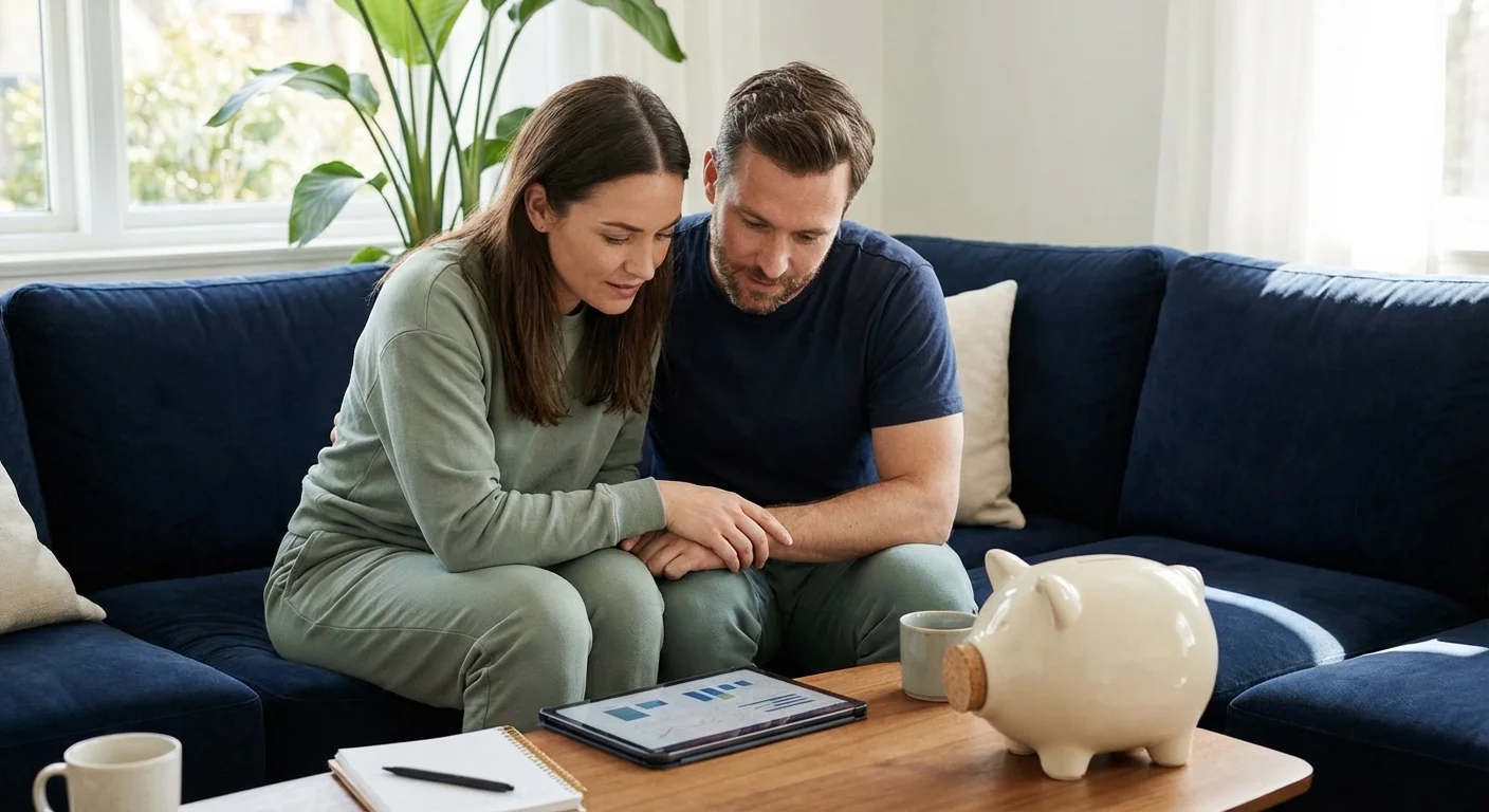 A couple looking at a tablet together in a cozy living room, discussing their budget.