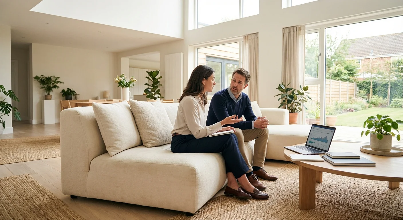 Two people having a positive conversation on a sofa in a bright room.
