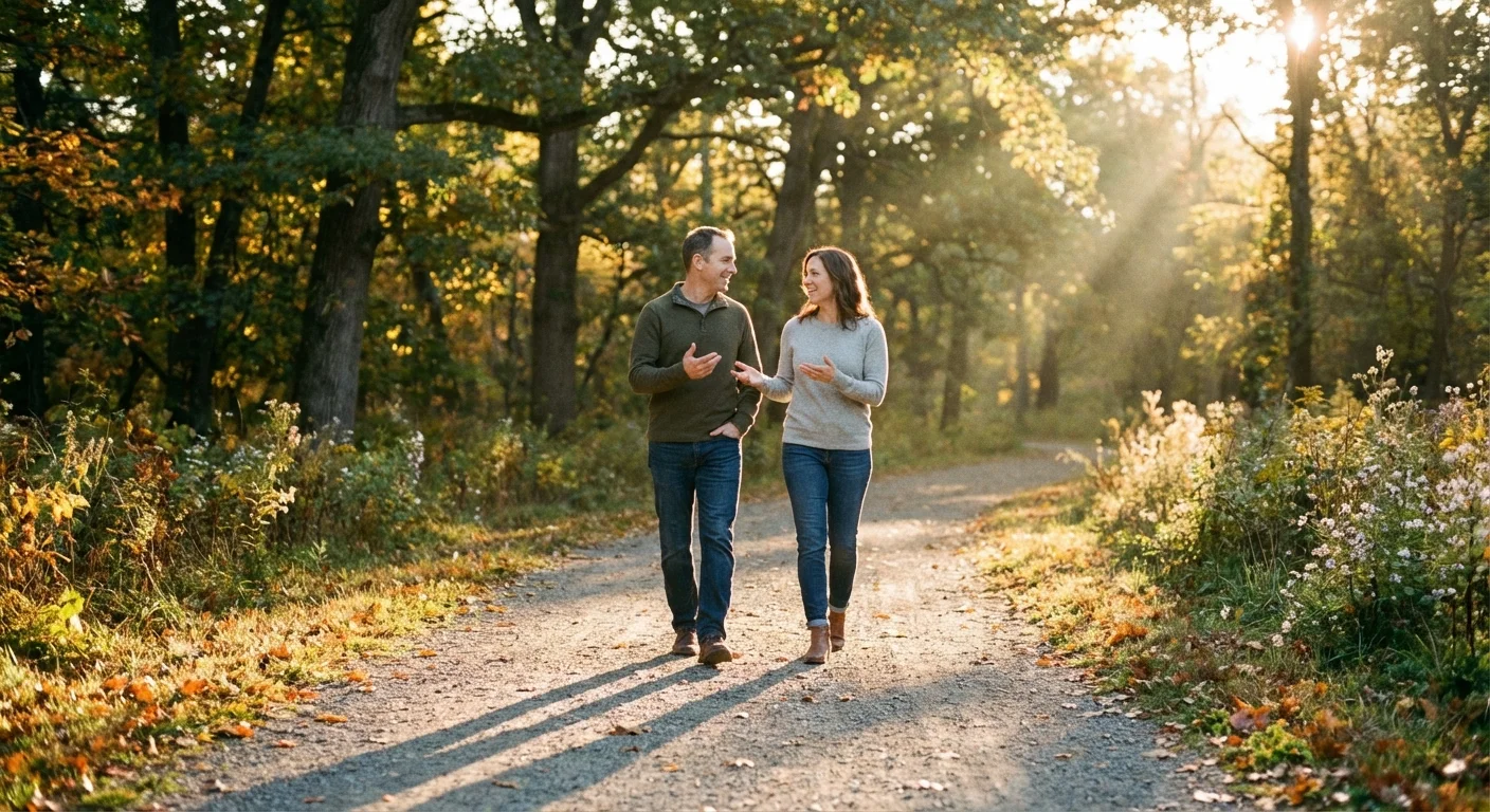 A couple walking and talking in a sunlit park, representing long-term retirement planning.