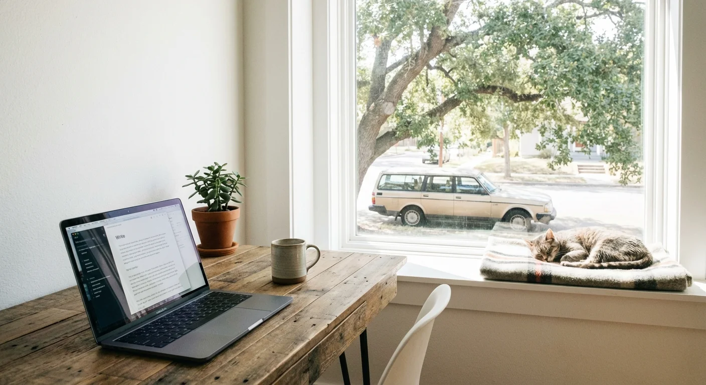 A home office desk with a view of a parked car outside, representing low mileage.
