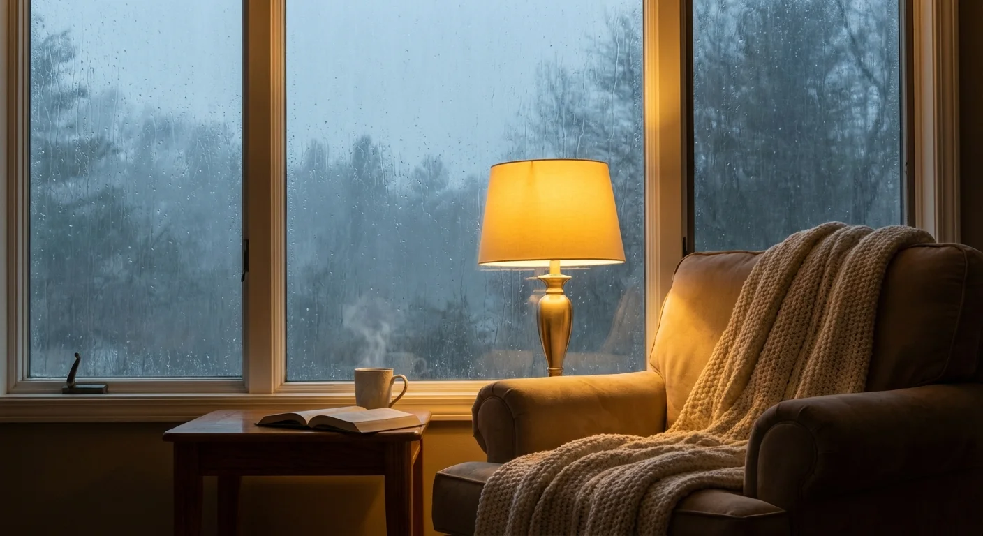 A warm, lit room interior looking out at a rainy, misty landscape through a window.