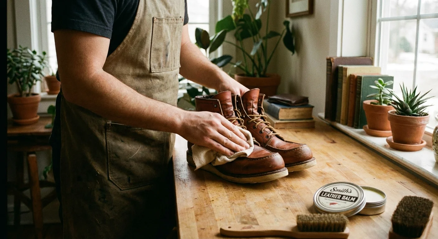 Applying leather conditioner to a pair of high-quality boots.