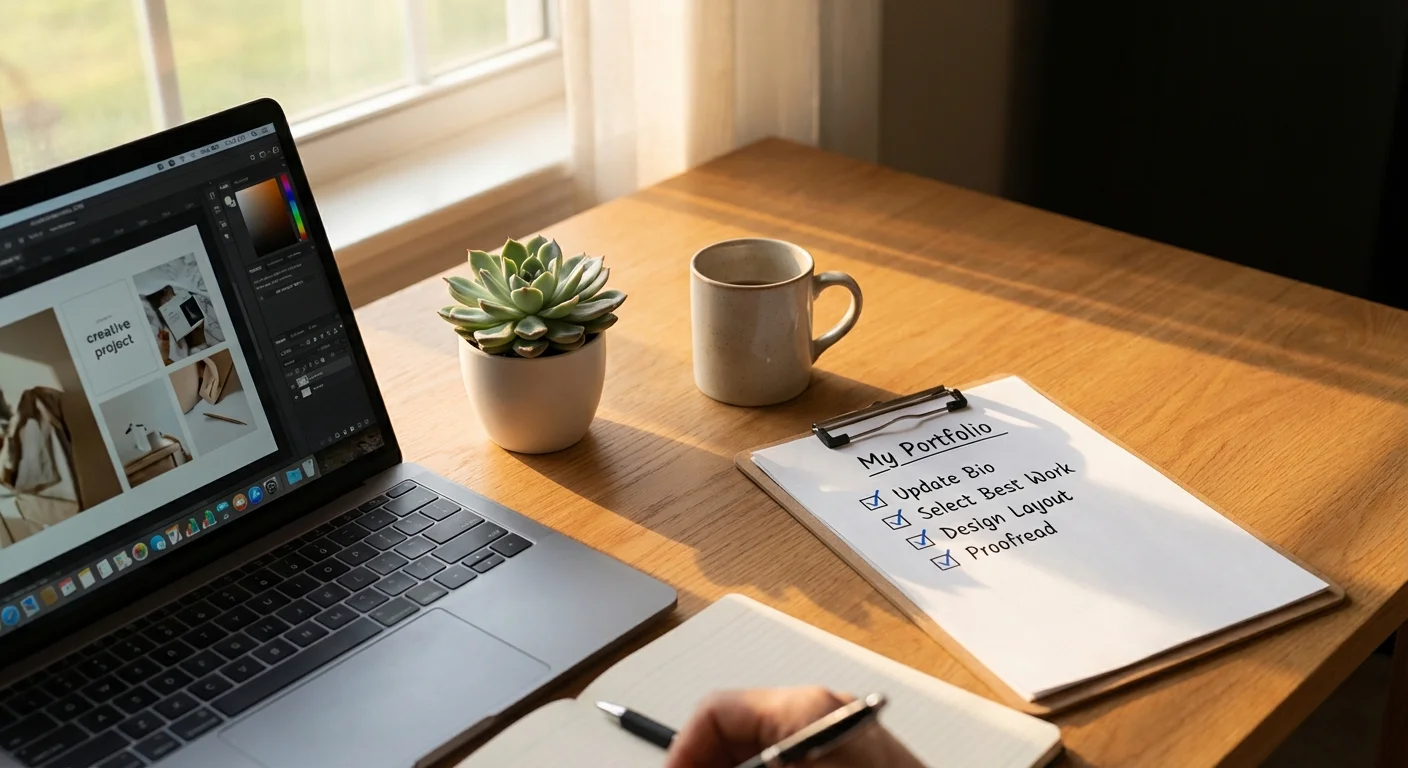 A workspace with a laptop and a handwritten checklist for building a portfolio.