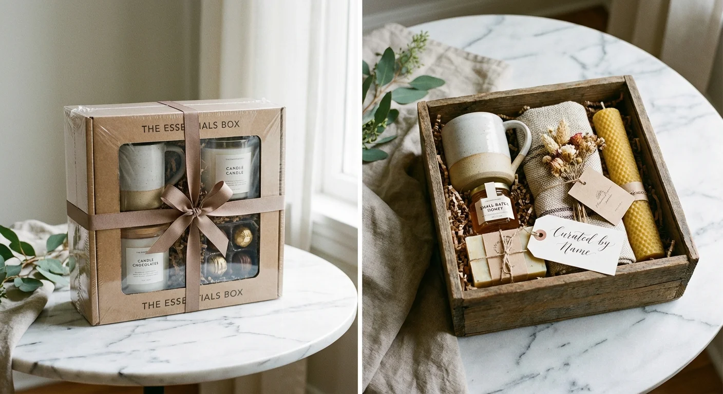 A pre-packed box next to a curated set of items on a marble table.