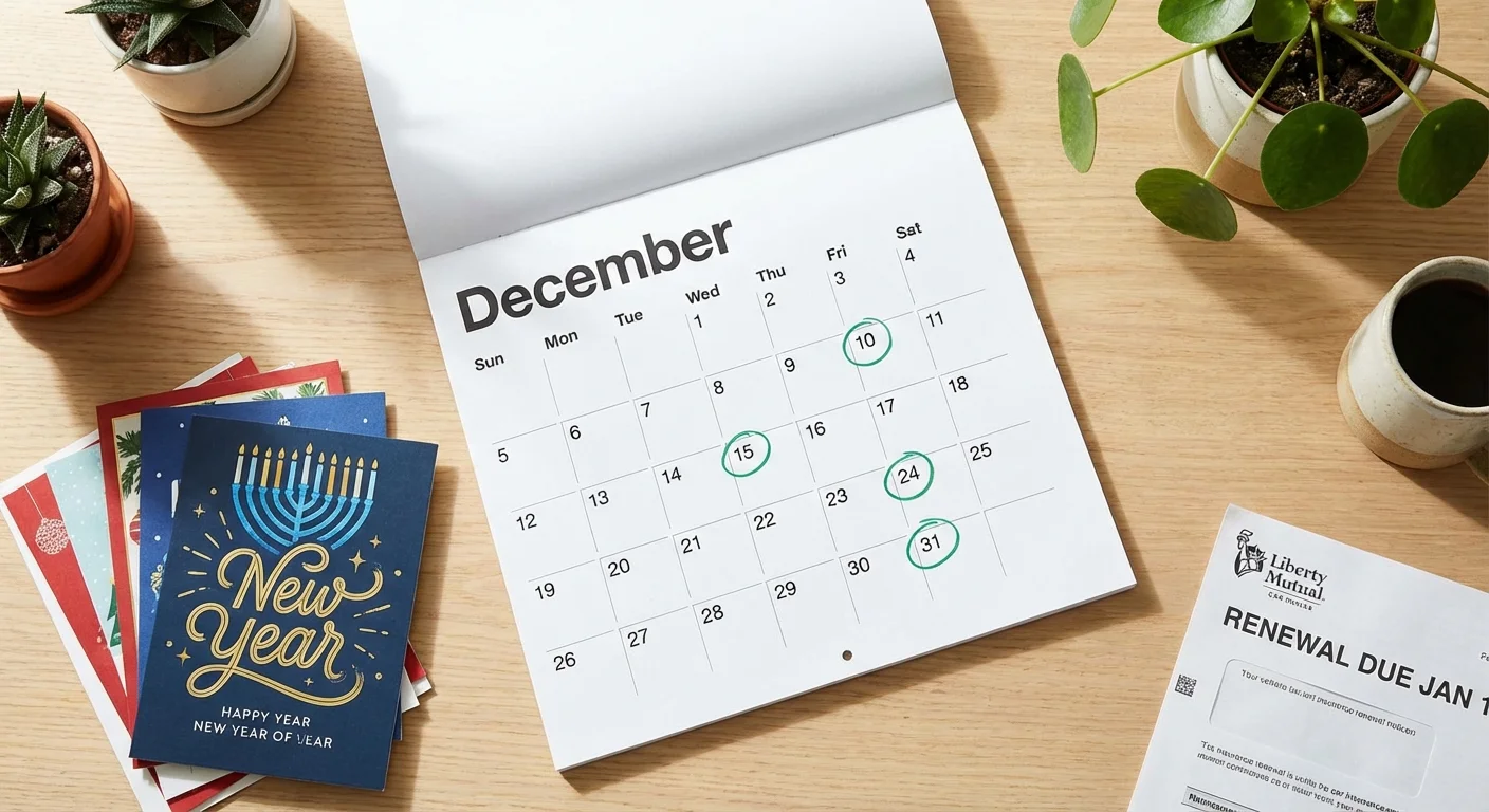 A flat lay of a wall calendar, holiday cards, and an insurance bill on a white desk.