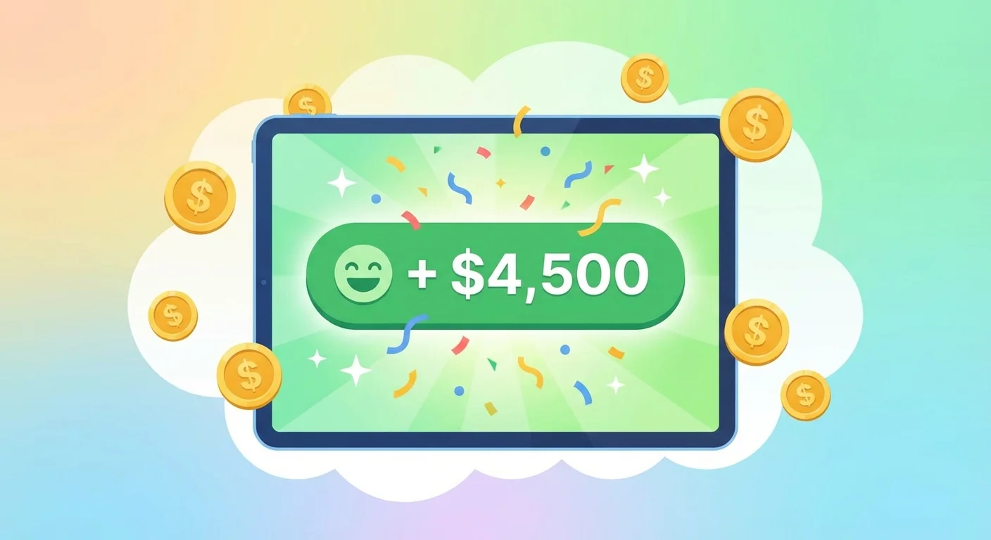 A tablet screen displaying a $4,500 gain notification.