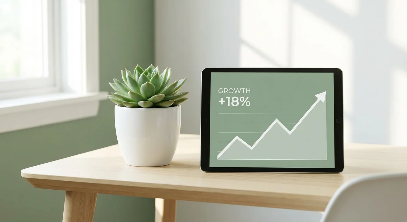 A small plant next to a tablet showing a growth chart, symbolizing the steady interest earned in an MMA.