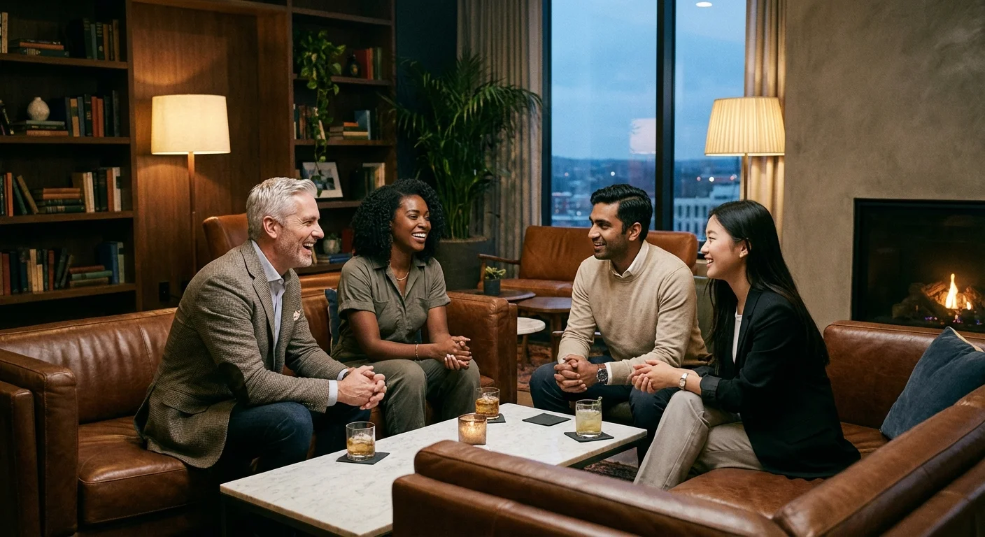A diverse group of people talking in a modern, comfortable lounge setting.