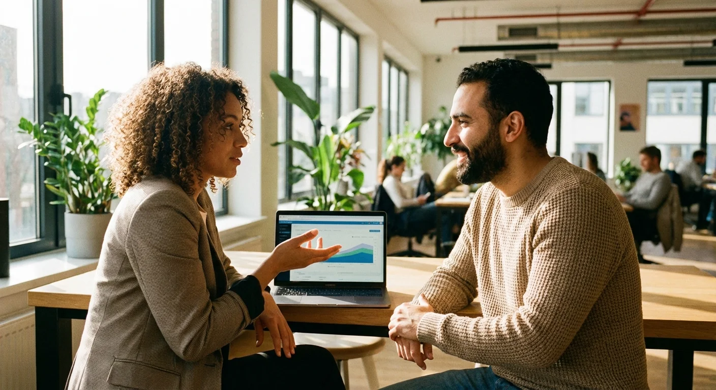 Two people having a professional conversation in a sunlit office.