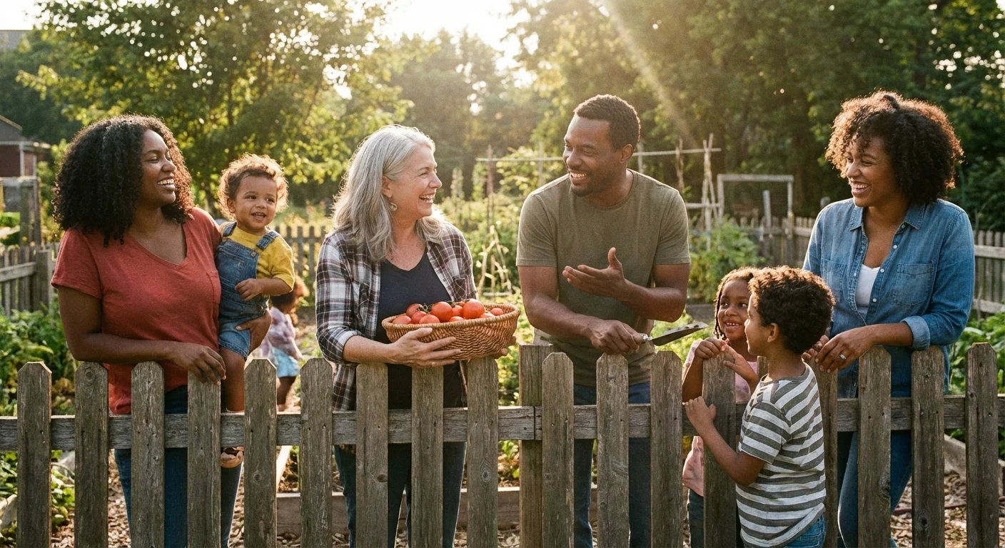 Neighbors chatting and smiling together in a sunny community garden area.