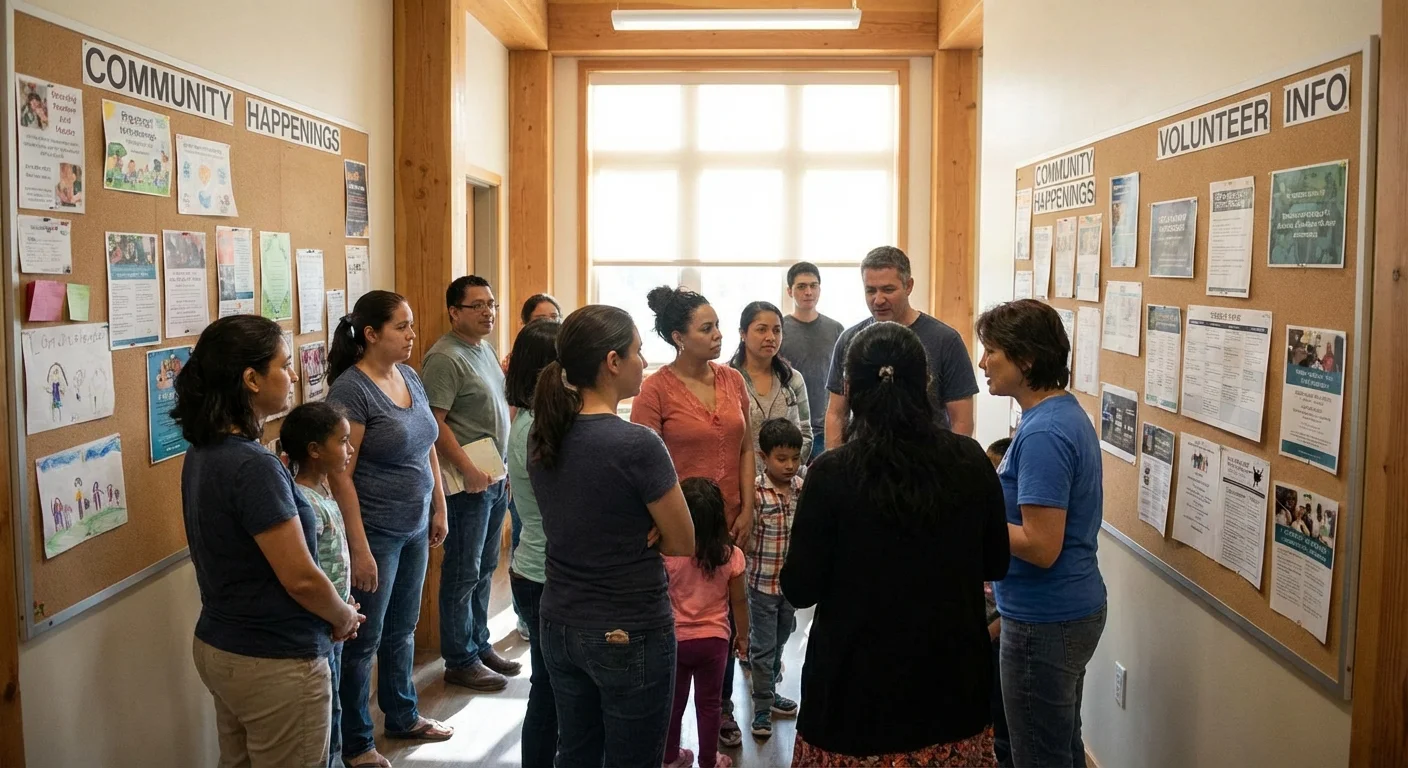 Parents looking at an information board in a bright, modern community center hallway.