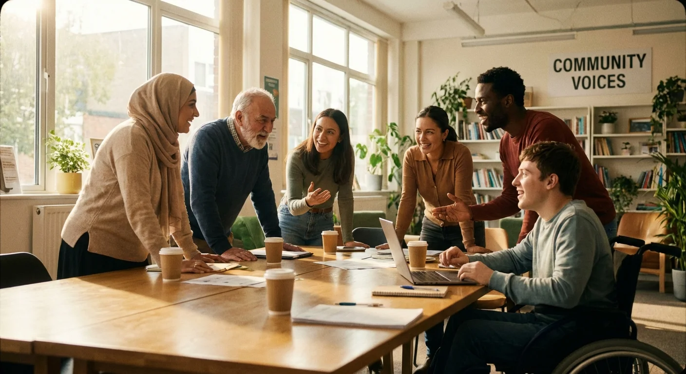A diverse group of people having a collaborative discussion in a sunlit room.