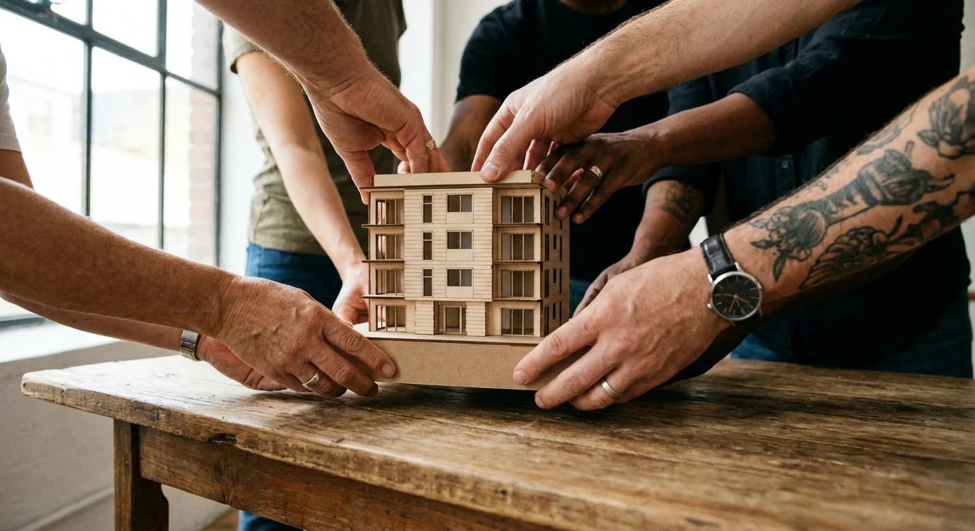 Close-up of hands holding a small architectural model of a building over a wooden table.