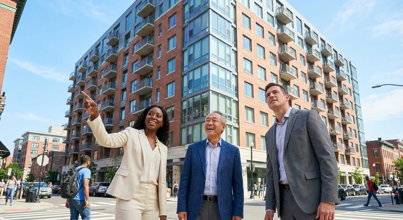 Three investors standing outside a large modern apartment building discussing the property.