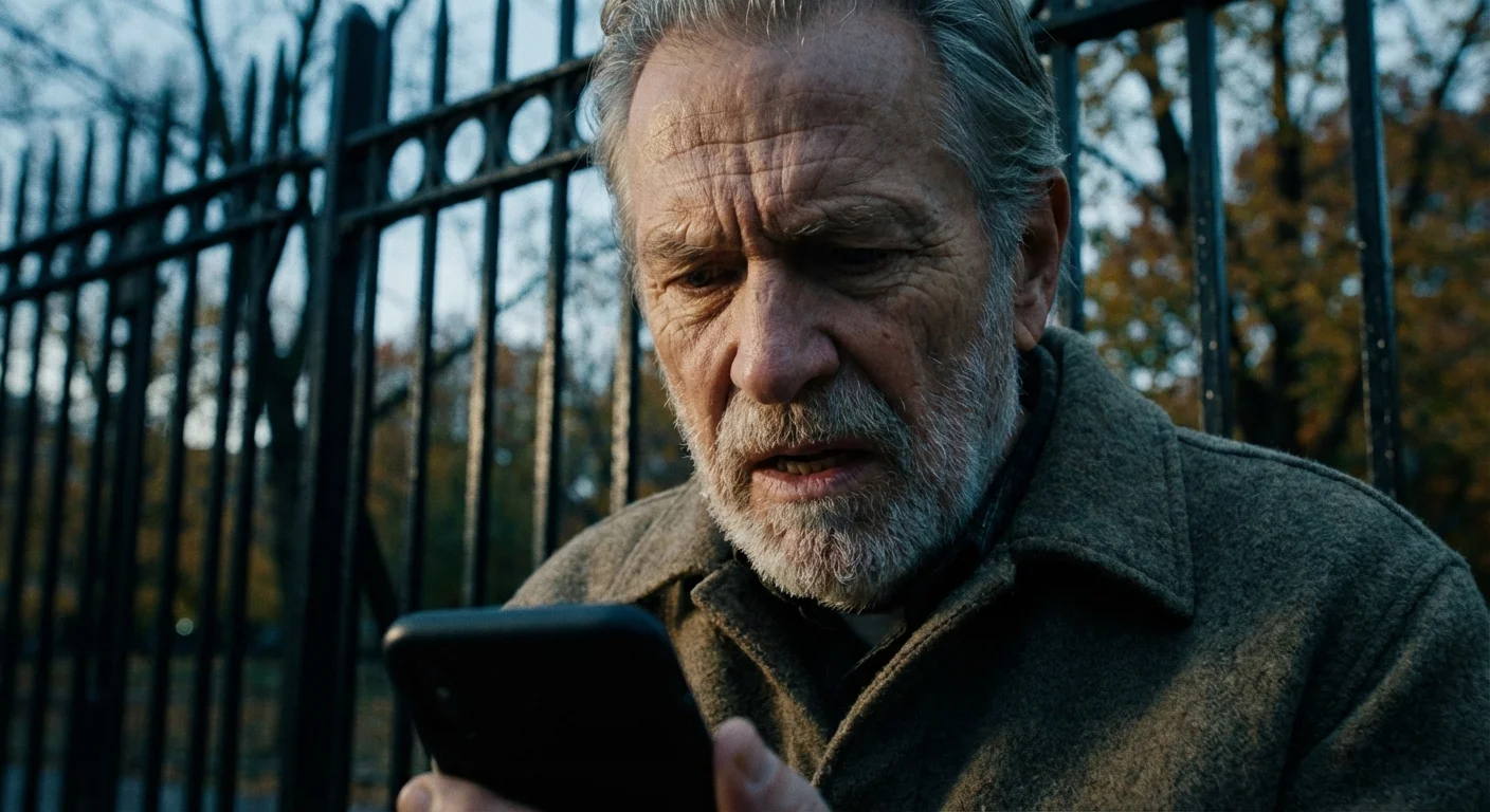 A senior man checks his phone near a park entrance, illustrating a moment of learning.