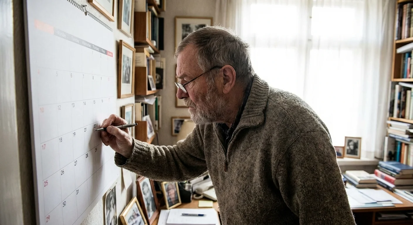 A senior man carefully marking a deadline on a wall calendar.