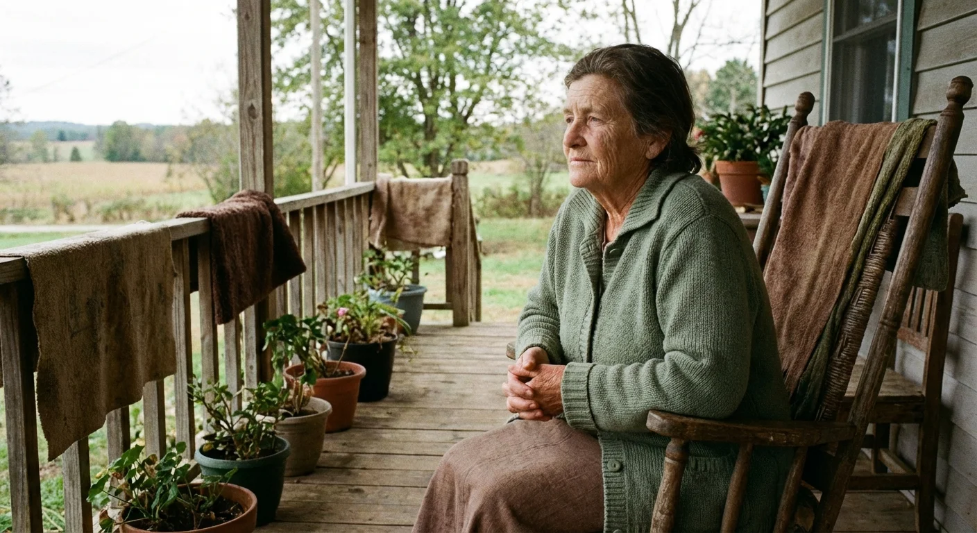 A woman sitting on a porch looking thoughtful and resilient.