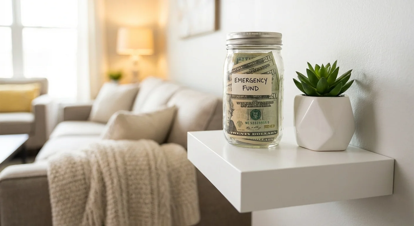A glass jar with cash sitting on a white bookshelf next to a plant.